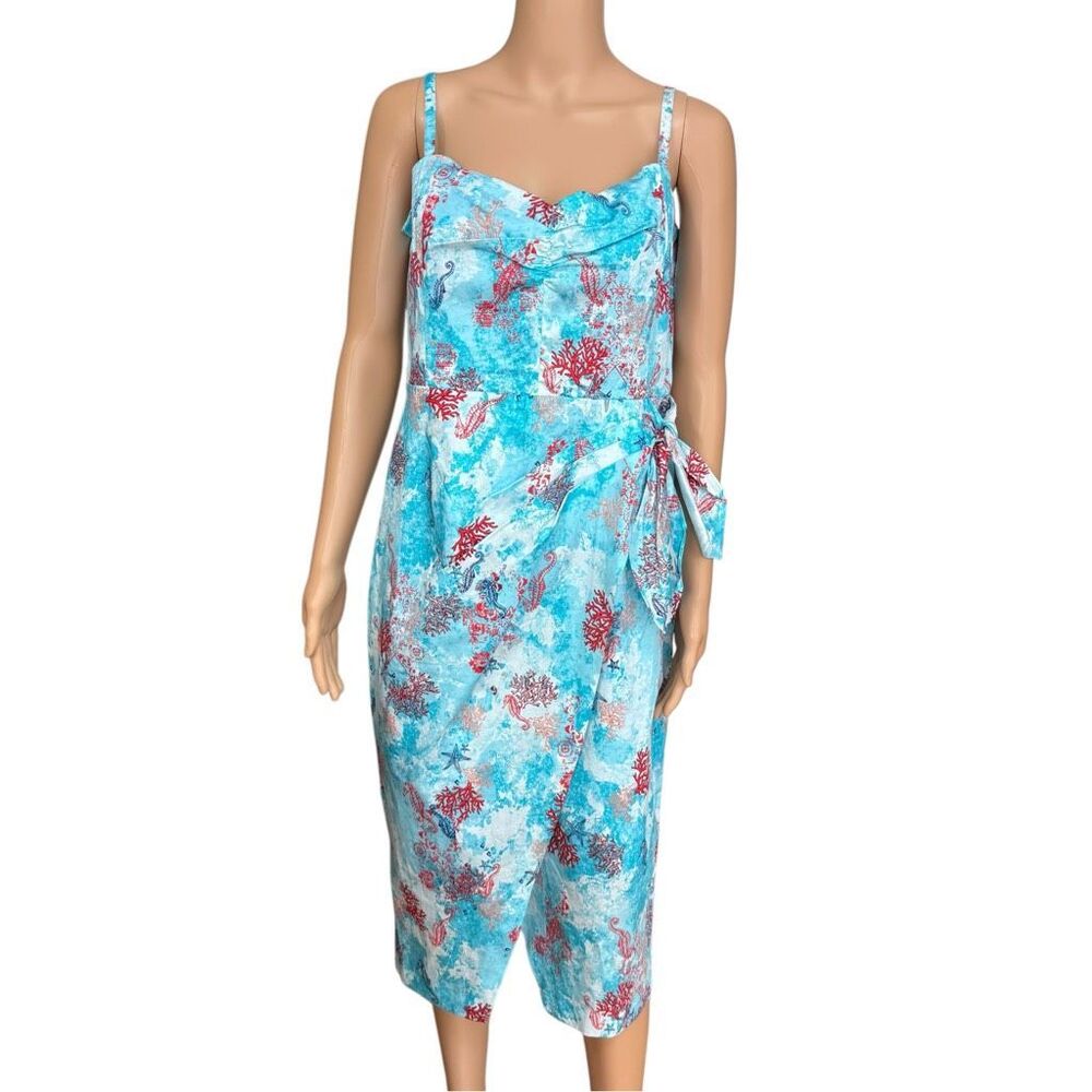 White House Black Market Blue Coral Seahorse Print Cotton Blend Midi Dress Sz 14